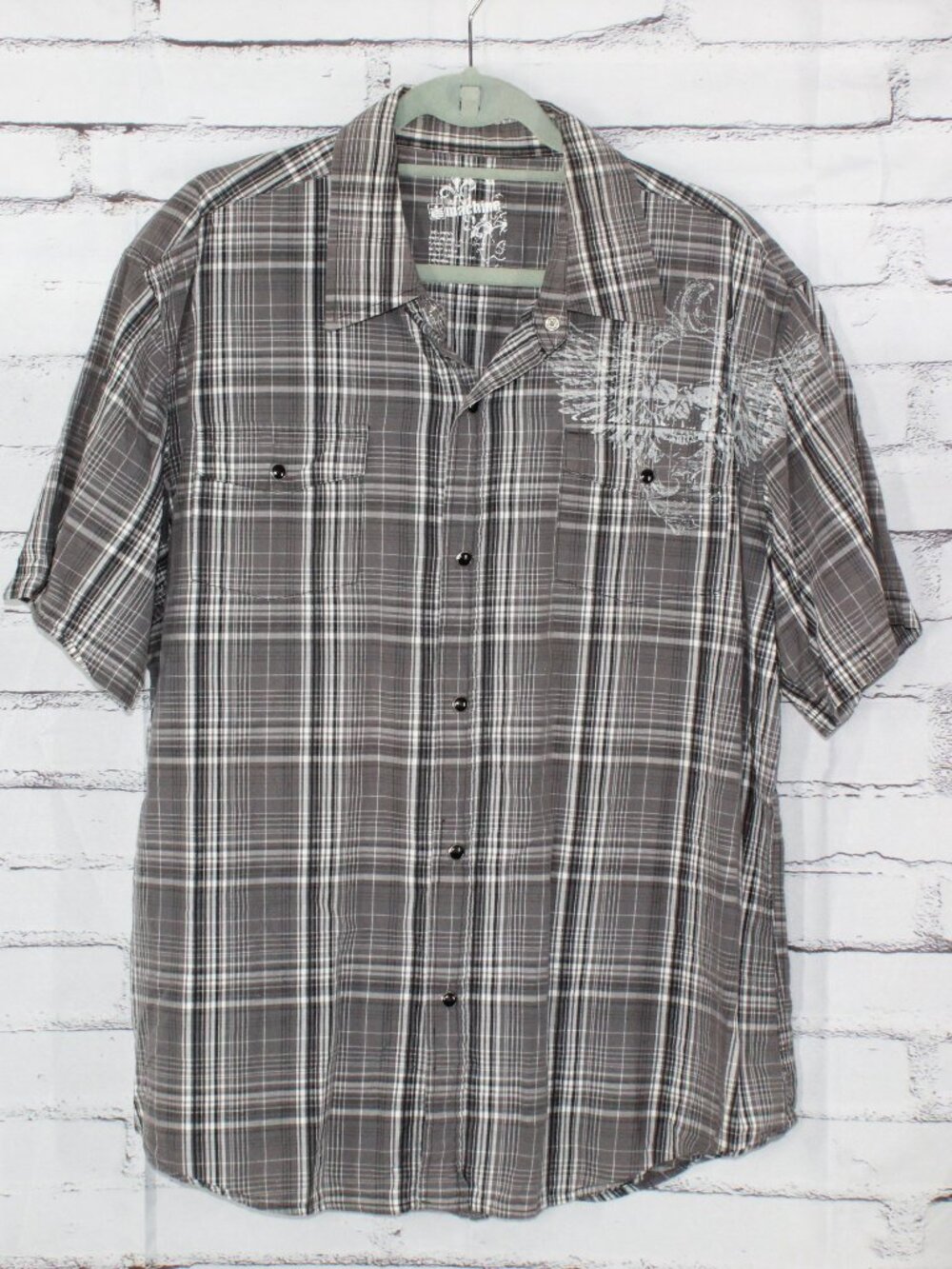 MK Machine Gray Black Plaid Short Sleeve Button Snap Up Shirt Size XL
